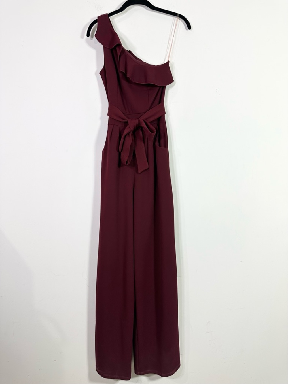 Emerald Sundae Maroon Red One Shoulder Ruffle Belted Wide Leg Jumpsuit